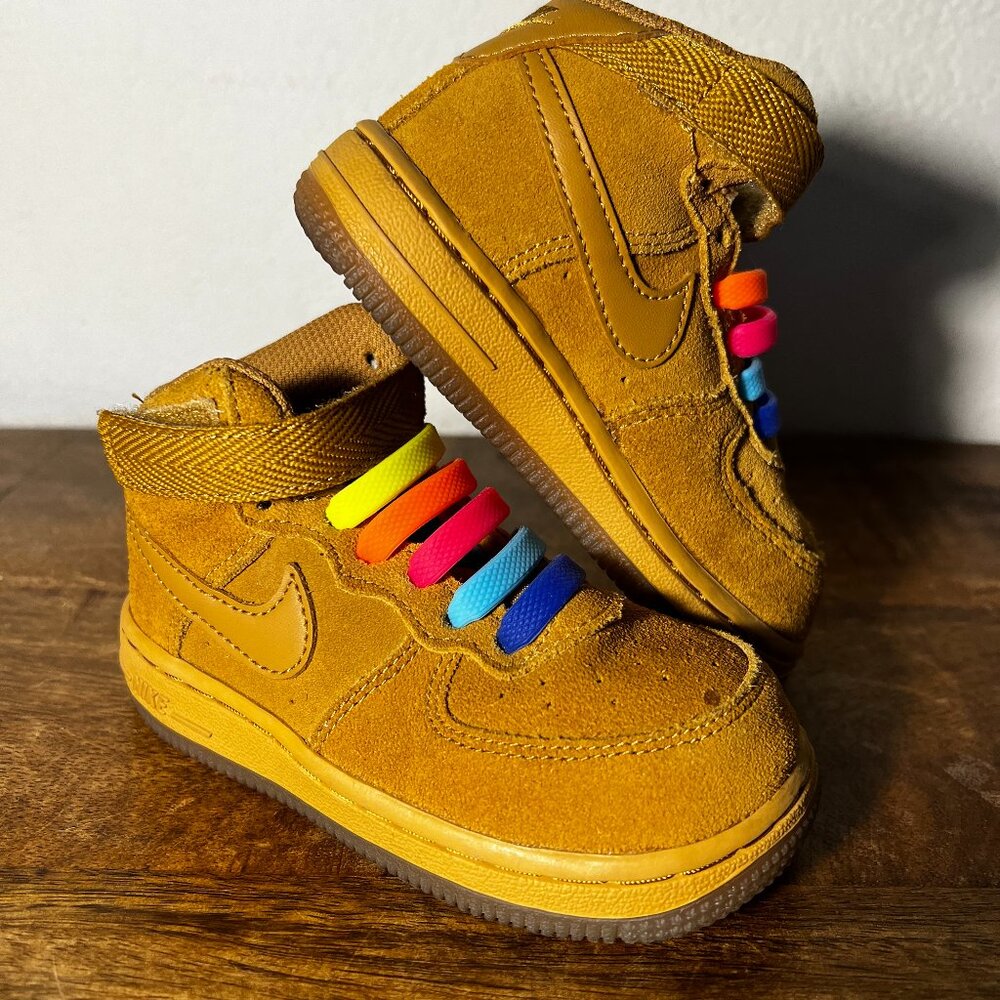 Nike - Toddler Tan High Top with Rainbow Elastic Shoe Strings - Size: 7C